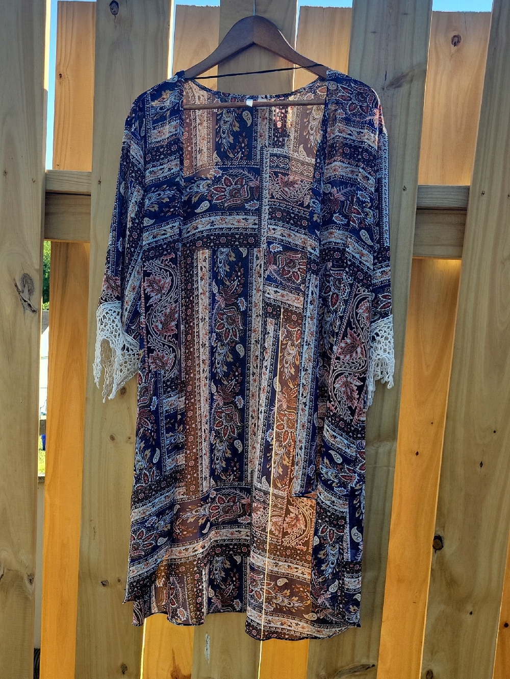 Boho Patchwork Paisley Kimono Dress in Navy & Brown